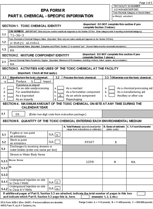 SARA 313 FORM R Report screenshot